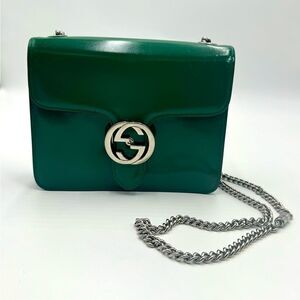 Auth Gucci Small Emerald Green Polished Leather Interlocking G Shoulder Bag Ex+